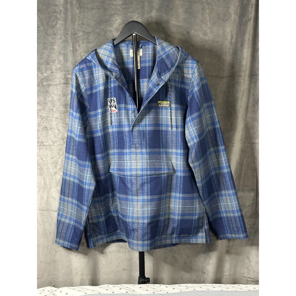 L.L. Bean U.S. Ski Team Blue Plaid Flannel Anorak Hoodie Sz LR Gorpcore Shacket